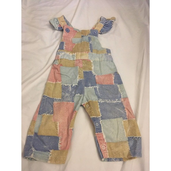 Vintage Pink Blue Ruffle Sleeve Cotton Long Overalls Romper 18 Months THOMAS - Picture 3 of 10